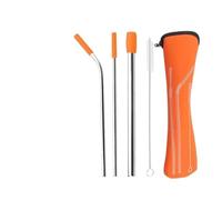 Paille Inox Ensemble de pailles en acier inoxydable avec embouts silicone réutilisables et sac rangement, brosse nettoyage for boissons(Orange)
