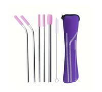 Paille Inox Ensemble de pailles en acier inoxydable, tuyau droit et coudé, avec brosse de nettoyage et sac de rangement(Purple 5-piece set)