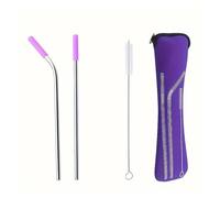 Paille Inox Ensemble de pailles en acier inoxydable, tuyau droit et coudé, avec brosse nettoyage sac rangement(Purple 2-piece set)