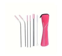 Paille Inox Ensemble de pailles en acier inoxydable, tuyau droit et coudé, avec brosse nettoyage sac rangement(Pink 5-piece set)