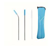Paille Inox Ensemble de pailles en acier inoxydable, tuyau droit et coudé, avec brosse nettoyage sac rangement(Blue 2-piece set)