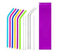 Paille Inox Pailles réutilisables en silicone, pailles acier inoxydable + brosse de nettoyage + sac for gobelets, boissons froides Rumblers(12PCS a set)
