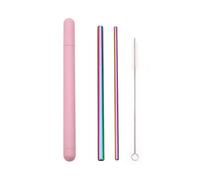 Paille Inox Stainless Steel Straw Set Metal Straw Reusable Drinking Straw With Cleaner Brush Portable Box(Rainbow-Pink Box)