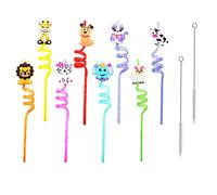Pailles à image d'animal de 8 pièces, pailles en spirale de fête, pailles bouclées nouées, pailles réutilisables avec 2 brosses de nettoyage de paille pour le lait, les jus, les cocktails, les barres.