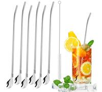 Pailles Cuillère,6 Pièces Pailles à Boire Cuillère en Métal Réutilisable Acier Inoxydable Cuillère à Cocktail avec Longue Brosse de Nettoyage pour Smoothies Laits Frappés Cocktail