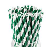 Pailles de Papier Rayées Vert Foncé -100 unités Haute Qualité Biodégradables 6x197mm Paille Carton -Idéales pour Noël Fêtes Anniversaires Mariages