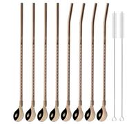 Pailles en Acier Inoxydable Cuillère à paille Portable, cuillère thé dorée, pailles colorées réutilisables en acier inoxydable, service de table 10 pièces/ensemble(Rose)