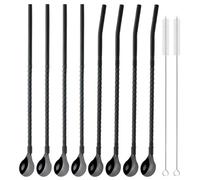 Pailles en Acier Inoxydable Cuillère à paille réutilisable en acier inoxydable, métal coloré, for boire du lait, Bar, café, accessoire for remuer, 10 pièces(Black)