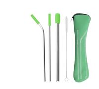 Pailles en acier inoxydable Ensemble de pailles en acier inoxydable avec embouts silicone réutilisables et sac rangement, brosse nettoyage for boissons(Green)