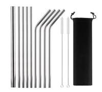 Pailles en Acier Inoxydable Paille métallique réutilisable en acier inoxydable 304, ensemble de pailles à boire avec brosses nettoyage, droites et courbées(12Pcs Silver A)