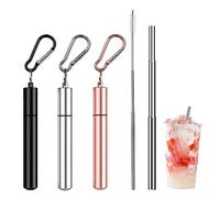 Pailles en Métal Réutilisables Pailles Télescopiques en Acier Inoxydable 3 Set 10 à 22.5 cm Pailles en Métal Portables Pailles à Boire Lavable avec Brosse de Nettoyage Mousqueton Porte-Clés Boîte