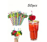 Pailles en papier à motif de fruits, set pour fête tropicale, pailles d'Hawaï et parapluies de fruits 3D, décorations de cocktail en papier pastèque et ananas, accessoires de fête d'été avec support e