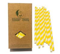 Pailles en papier jaune citron biodégradables jaune clair blanc à rayures pour cocktail, mariage et fête (19,7 cm)