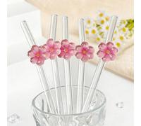 Pailles en verre réutilisables avec décoration florale hexagonale de mini paysage, convenant aux boissons glacées, thés de l'après-midi, milkshakes, smoothies, eaux pétillantes, thés au lait, jus et a