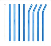 Pailles réutilisables en verre bleu avec 1 brosse de nettoyage - 4 pailles courbées et 4 pailles droites en verre pour cocktail, smoothie milkshake ou thé - Respectueux de l'environnement, sain.