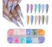 Paillettes holographiques pour ongles, 1 boîte de 12 grilles de flocons d'opale irisés aurore, paillettes irrégulières, sirène brillantes pour décoration d'ongles