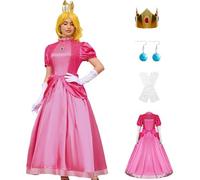 PAINEOMN Robe de princesse pour femme - Costume de princesse d'Halloween - Couronne - Boucles d'oreilles et gants - Costume adulte, pêche, XX-Large