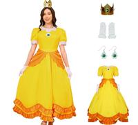 PAINEOMN Robe de princesse pour femme - Costume de princesse d'Halloween - Couronne - Boucles d'oreilles et gants - Costume adulte, Princesse Daisy, X-Small