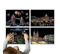 Paint By Scratch Kit, Papier à gratter pour | 4 Feuilles Arc-en- Peinture Night Vision Scratchboard - Kit Bricolage avec Stylo, A4 Scratch Painting Papier Rainbow pour Adultes et