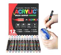 Paint Markers 12 Couleurs Brush Tip with Waterproof Ink Acrylic Paint Pens | Stylos de peinture acrylique pour toile en bois céramique métal verre école rock bricolage artisanat salle de classe