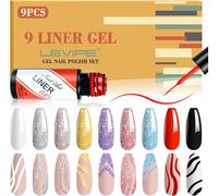 Painted Vernis Semi Permanent Liner, Line Art Gel 9 Couleurs Noir Blanc Rouge, Champagne Bleu Argent Or Violet Paillettes Nail Art Gel Peinture Manucure Outils
