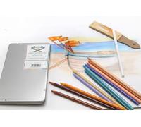 Paintersisters Lot de 12 crayons de couleur pastel sans bois - Dans boîte en métal - Crayons de couleur effaçables pour dessin, peinture, croquis (Beach)