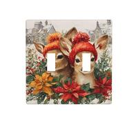 Paire d'adorables chapeaux de Noël en forme de cerf, poinsettias, double gang à bascule, plaque murale, décoration d'interrupteur, taille standard - 11,4 x 11,4 cm