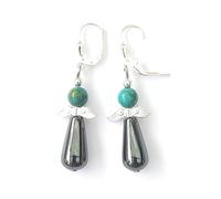 Paire de boucles d’oreilles pendantes en forme d’anges, avec pierres véritables d’hématite et autres pierres de couleurs. Montage en argent 925 avec dormeuses. (TURQUOISE)