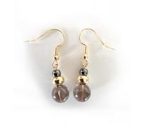 Paire de boucles d'oreilles en laiton plaqué or 18K, avec hématite et une pierre complémentaire au choix parmi 29 pierres véritables, cadeau français (QUARTZ FUME)