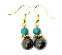 Paire de Boucles d'Oreilles en Pierres Véritables avec Hématite et Jade vert. Montage Plaqué Or, Fermeture avec Crochets Américains et Fermoirs Silicone Offerts (TURQUOISE)