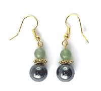 Paire de Boucles d'Oreilles en Pierres Véritables avec Hématite et Jade vert. Montage Plaqué Or, Fermeture avec Crochets Américains et Fermoirs Silicone Offerts (AVENTURINE VERTE CLAIRE)