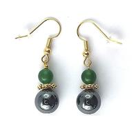 Paire de Boucles d'Oreilles en Pierres Véritables avec Hématite et Jade vert. Montage Plaqué Or, Fermeture avec Crochets Américains et Fermoirs Silicone Offerts (AVENTURINE VERTE FONCEE)