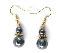 Paire de Boucles d'Oreilles en Pierres Véritables avec Hématite et Jade vert. Montage Plaqué Or, Fermeture avec Crochets Américains et Fermoirs Silicone Offerts (HEMATITE)