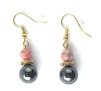 Paire de Boucles d'Oreilles en Pierres Véritables avec Hématite et Jade vert. Montage Plaqué Or, Fermeture avec Crochets Américains et Fermoirs Silicone Offerts (RHODOCHROSITE)