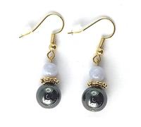 Paire de Boucles d'Oreilles en Pierres Véritables avec Hématite et Jade vert. Montage Plaqué Or, Fermeture avec Crochets Américains et Fermoirs Silicone Offerts (CALCEDOINE)