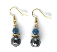 Paire de Boucles d'Oreilles en Pierres Véritables avec Hématite et Jade vert. Montage Plaqué Or, Fermeture avec Crochets Américains et Fermoirs Silicone Offerts (APATITE BLEUE)