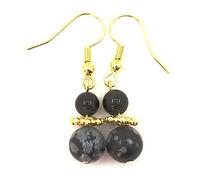 Paire de boucles d'oreilles pendantes avec pierres véritables d'obsidienn "oeil céleste" et obsidienne neige. Montage plaqué or et pistons de fermeture offerts