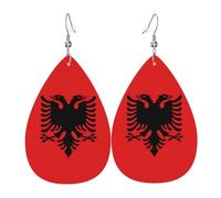 Paire de boucles d'oreilles pendantes en cuir avec drapeau albanais en forme de larme pour femme - Légères.