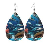 Paire de boucles d'oreilles pendantes en cuir corail avec motif requin sous-marin en forme de larme pour femme