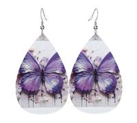 Paire de boucles d'oreilles pendantes en cuir synthétique avec motif papillon peinture à l'huile violet pour femme