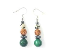 Paire de Boucles d'Oreilles pendantes en Pierres Véritables et Graine Naturelle de Rudraksha, Montage en Argent 925. (JASPE DALMATIEN/MALACHITE)