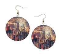 Paire de boucles d'oreilles rondes en cuir avec impression Hong Kong - Boucles d'oreilles pendantes élégantes pour femme - Bijoux cadeaux, One Size, Polyester