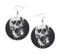 Paire de boucles d'oreilles rondes en cuir léger avec motif tête de mort et fantôme d'horreur pour femme et fille, One Size, Polyester