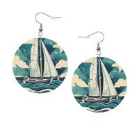 Paire de boucles d'oreilles rondes imprimées en forme de voilier pour femme, 1 paire de boucles d'oreilles percées en cuir léger, bijoux tendance, cadeaux pour femmes et filles, One Size, Polyester