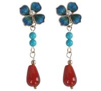 Paire de boucles d'oreilles vintage, boucles florales ton or, pendantes élégantes, style Ming avec agate bleue et fils de soie, bijou féminin raffiné