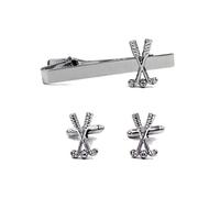 Paire de boutons de manchette et pince à cravate en argent avec symbole de golf, metal, Non connu
