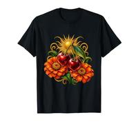 Paire de Cerises avec Fleurs de Zinnia Orange T-Shirt