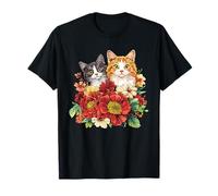 Paire de Chats Floraux avec Fleurs et Feuilles Rouges T-Shirt