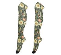 Paire de chaussettes flexibles au-dessus du genou pour femme Motif concombre Motif floral Vert