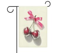Paire de drapeaux de jardin en toile de jute avec cerises argentées avec un nœud en ruban rose - 32 x 47 cm